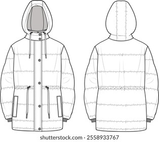 Unisex Hooded Puffer Jacket. Technical fashion illustration. Front and back, white colour. Unisex CAD mock-up.