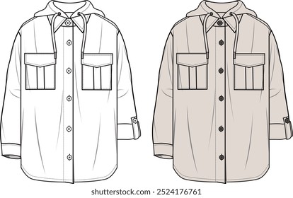 Unisex Hooded Shacket- Technical fashion illustration. Front, ecru and white color. Unisex CAD mock-up