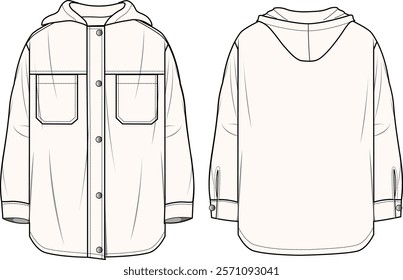 
Unisex Hooded Shacket- Technical fashion illustration. Front, ivory color. Unisex CAD mock-up.