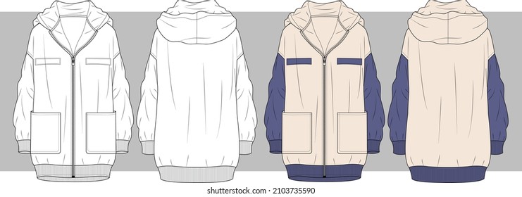Unisex hooded Sweatshirt with zipper flat sketch - Shutterstock ID 2103735590