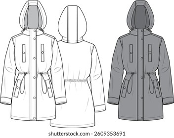 Unisex Hooded Trench. Technical fashion illustration. Front and back, white and grey colours. Unisex CAD mock-up.