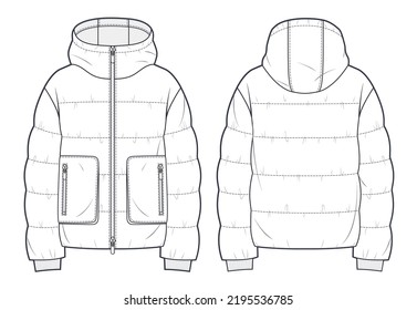 Unisex Hooded Zip-up Puffer Jacket technical fashion Illustration. Cropped Down Jacket technical drawing template, long sleeve, pocket, front and back view, white, women, men, unisex CAD mockup.