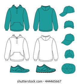 Unisex hoodie, cap, sneakers set vector illustration. EPS8 file available. You can change the color or you can add your logo easily.