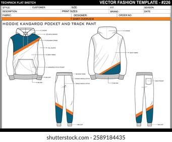UNISEX HOODIE KANGAROO POCKET FULL SLEEVE AND TRACK PANT WITH BOTTOM CUFF FASHION TEMPLATE TECHNICAL ILLUSTRATION