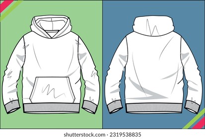 UNISEX HOODIE WITH KANGAROO POCKET TEE FLAT SKETCH FASHION TEMPLATE TECHNICAL ILLUSTRATION