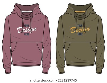 Unisex hoodie with placement print 2 color set tracksuit Fashion Illustration, Vector, CAD, Technical Drawing, Flat Drawing, Template, Mockup.	 