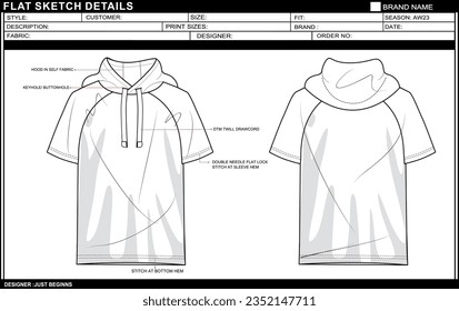 UNISEX HOODIE RAGLAN SLEEVE FLAT SKETCH FASHION TEMPLATE TECHNICAL DRAWING ILLUSTRATION