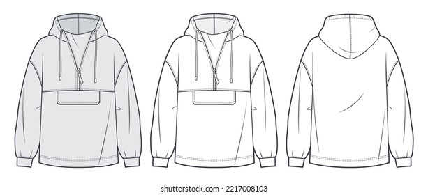 Unisex Hoodie technical fashion illustration. Oversize Sweatshirt, Anorac fashion flat technical drawing template, zip-up, pocket, front and back view, white, grey, women, men, unisex cad mockup set.