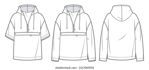 Unisex Hoodie technical fashion illustration  Set Hoodie Sweatshirt and short   long sleeves fashion flat technical drawing template  front  back view  white  women  men  unisex CAD mockup 