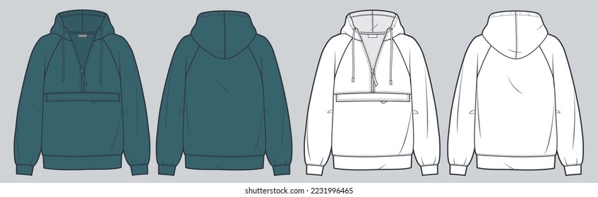 Ilustración técnica de moda Unisex Hoodie. Moda de camisas suaves planas de dibujo técnico, manga raglan, cremallera, bolsillo, vista frontal y trasera, blanco, verde, mujeres, hombres, conjunto de maquillaje de cad unisex.