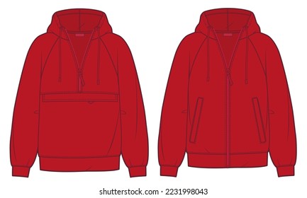 Ilustración técnica de moda Unisex Hoodie. Moda de camisas suaves plantilla de dibujo técnico plano, manga raglan, cremallera, bolsillo, vista frontal y trasera, color rojo, mujeres, hombres, conjunto de maquillaje unisex cad.