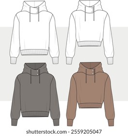 Unisex Hoodie technical fashion illustration. Hooded Sweatshirt fashion flat technical drawing template, women, men, unisex CAD mockup set.