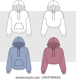 unisex Hoody sweatshirt technical fashion illustration with long sleeves, oversized body, kangaroo pouch, cropped hoodie set.