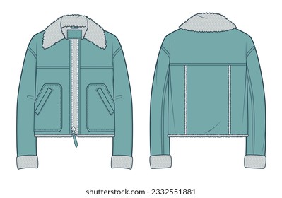 Chaqueta Unisex con ilustración de moda técnica Faux Fur. Abrigo, Bomba de cuero moda planas de dibujo técnico, bolsillo, botón, frente, retrovista, verde, mujeres, hombres, maquillaje CAD unisex. 