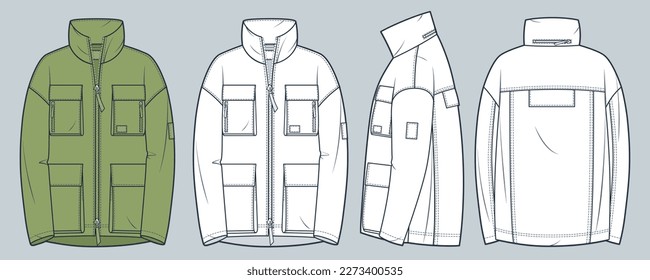 Unisex Jacket technical fashion illustration. Parka Jacket fashion flat technical drawing template, zip-up, multi pockets, front, side, back view, white, green color, women, men, unisex CAD mockup set