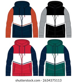 Unisex Jacket technical fashion illustration. Parka Jacket fashion flat technical drawing template, zip-up, multi pockets, front, side, back view, white, green color, women, men, unisex CAD mockup set