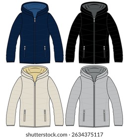 Unisex Jacket technical fashion illustration. Parka Jacket fashion flat technical drawing template, zip-up, multi pockets, front, side, back view, white, green color, women, men, unisex CAD mockup set