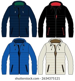 Unisex Jacket technical fashion illustration. Parka Jacket fashion flat technical drawing template, zip-up, multi pockets, front, side, back view, white, green color, women, men, unisex CAD mockup set