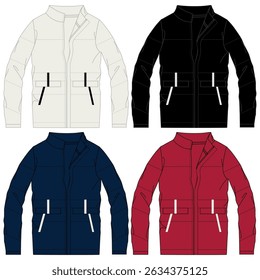 Unisex Jacket technical fashion illustration. Parka Jacket fashion flat technical drawing template, zip-up, multi pockets, front, side, back view, white, green color, women, men, unisex CAD mockup set