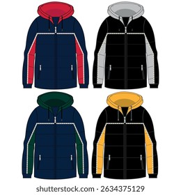 Unisex Jacket technical fashion illustration. Parka Jacket fashion flat technical drawing template, zip-up, multi pockets, front, side, back view, white, green color, women, men, unisex CAD mockup set