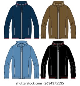 Unisex Jacket technical fashion illustration. Parka Jacket fashion flat technical drawing template, zip-up, multi pockets, front, side, back view, white, green color, women, men, unisex CAD mockup set