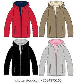Unisex Jacket technical fashion illustration. Parka Jacket fashion flat technical drawing template, zip-up, multi pockets, front, side, back view, white, green color, women, men, unisex CAD mockup set