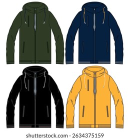 Unisex Jacket technical fashion illustration. Parka Jacket fashion flat technical drawing template, zip-up, multi pockets, front, side, back view, white, green color, women, men, unisex CAD mockup set