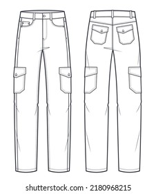 Unisex Jeans, Cargo Pants fashion flat technical sketch template. Jeans pants fashion illustration with full lenght, medium waist, pockets, oversized, front, back view, white, CAD mockup.