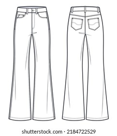 Unisex Jeans flared bottom Denim pants technical fashion illustration. Jeans pants with full length, medium waist, flared fit, women, men, front view, back view, white, unisex CAD mockup. 