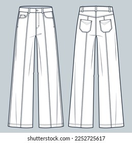 Ilustración técnica de moda de Unisex Jeans Pants. Los grandes jeans diseñan una plantilla de dibujo técnico plano, cintura media, fondo con pestaña, vista frontal y trasera, blanco, mujeres, hombres, maquillaje CAD unisex. 