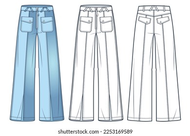 Unisex Jeans Pants technical fashion illustration, fashion concept. Wide Jeans fashion technical drawing template, medium waist, front slit, front, back view, white, women, men, unisex CAD mockup set.