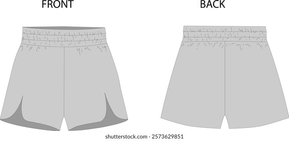 Unisex jersey running shorts. Flat shorts front and back pattern, vector mockup, fashion illustration, CAD mockup, technical drawing.