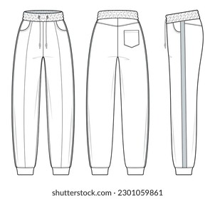 Unisex Jogger Pants diseña una plantilla de dibujo técnico plano. Moda técnica de Sweat Pants Ilustración. vista frontal, lateral y trasera. aislado de fondo blanco. Juego de simulación de CAD.