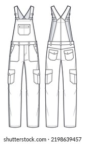 Unisex Jumpsuit, Cargo Pants fashion flat technical sketch template. Jeans Jumpsuit fashion illustration with full lenght, pockets, oversized, front, back view, white, women, men, unisex CAD mockup.