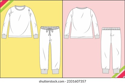 UNISEX KIDS APPAREL PYJAMA,FULL SLEEVE, PANT, RIB CUFF SKETCH FASHION TEMPLATE TECHNICAL DRAWING ILLUSTRATION