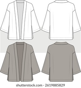Unisex kimono design de moda desenho técnico, esboço plano de ilustração de moda, vetor. frente e vista traseira. unisex, conjunto de simulação CAD.
