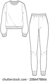 Unisex Strickjogger Pant mit langen Ärmel Crew Hals Pullover T-Shirt, Strickpajama Anzug, Sweatpants.  Mode-Vektorgrafik, CAD-Mockup, Technische Zeichnung, Flache Skizzenvorlage.