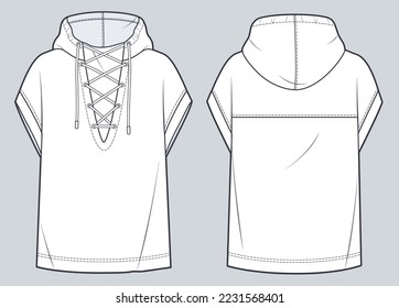 Unisex Lace-up Hoodie technical fashion illustration. Oversize Sweatshirt fashion flat technical drawing template, short sleeve, front and back view, white, women, men, unisex cad mockup.