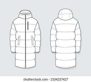 Unisex LONG DOWN JACKET - Fashion Vector Drawing Template, Flat Sketch, Fashion Template, Front and Back Mock Up.