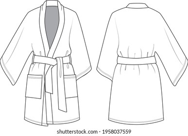Unisex Long Sleeve, Belted Kimono. Kimono technical fashion illustration. Flat apparel kimono template front and back, white color. Unisex CAD mock-up. - Shutterstock ID 1958037559