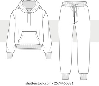 Unisex long sleeve hooded sweatshirt and sweat pants sleepwear set flat sketch vector illustration unisex sleep set cad mockup.