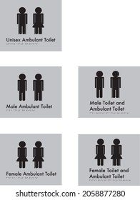 Unisex Male Female Ambulant Toilet Braille Signs. Black icons and text on grey backgrounds. Typical signage package for various types of bathrooms