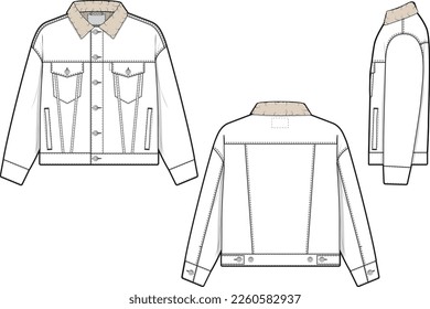 Unisex Men Sherpa denim jacket trucker vector flat technical drawing illustration mock-up template for design and tech packs fashion CAD streetwear fashion brand design tool resource file regular fit.