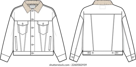 Unisex Men Sherpa denim jacket trucker vector flat technical drawing illustration mock-up template for design and tech packs fashion CAD streetwear fashion brand design tool resource file regular fit.