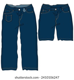 Unisex, Men, Women Folded Denim, Jeans Front and Back View of Vector Fashion Illustrations, CAD, Technical Drawing, Blueprint.