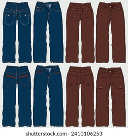 Unisex, Men, Women Folded Denim, Jeans Front and Back View of Vector Fashion Illustrations, CAD, Technical Drawing, Blueprint.