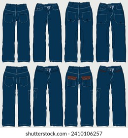 Unisex, Men, Women Folded Denim, Jeans Front and Back View of Vector Fashion Illustrations, CAD, Technical Drawing, Blueprint.
