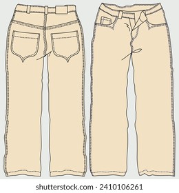 Unisex, Men, Women Folded Denim, Jeans Front and Back View of Vector Fashion Illustrations, CAD, Technical Drawing, Blueprint.