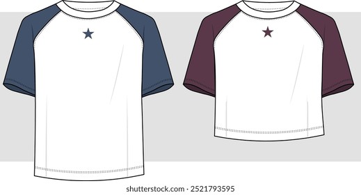 unisex men's and women's Raglan Sleeve Tee Shirt fashion flat technical drawing template. Slit T-Shirt technical fashion illustration. star shirt print.