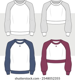 unisex masculino e feminino Raglan manga moletom moda plana modelo de desenho técnico. Slit Camisa ilustração de moda técnica. impressão de camisa estrela.